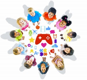Group of Children Looking Up with Gaming Symbols