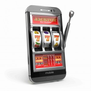 Online casino concept. Mobile phone and slot machine with jackpot.