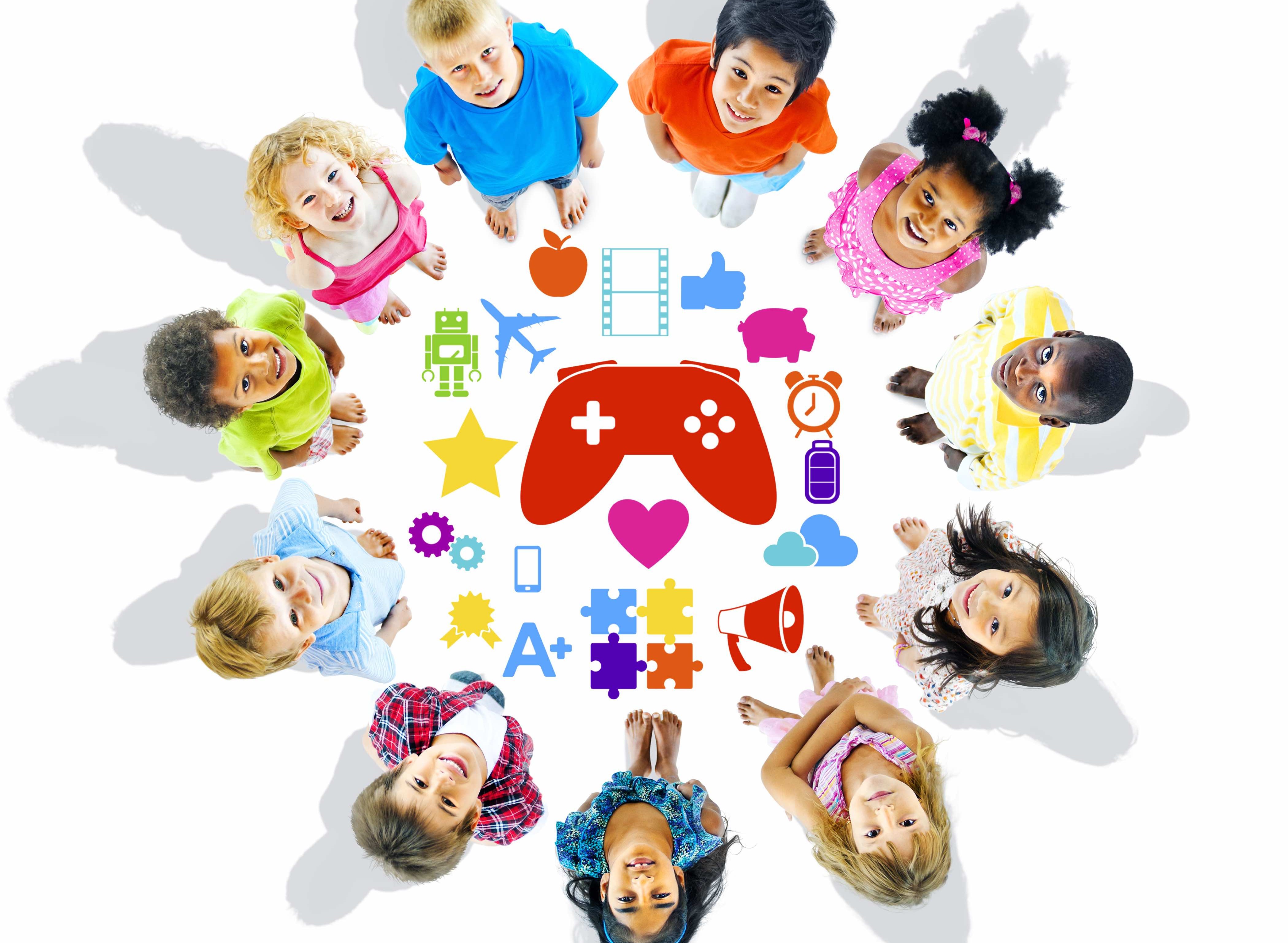 Group of Children Looking Up with Gaming Symbols