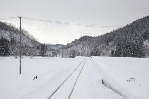 An image of Japanese local train station covered with snow in win
