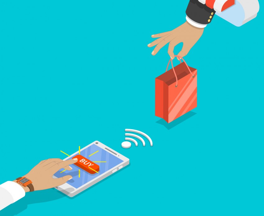 Mobile shopping flat vector concept. Hand of delivery man with shopping bag from cloud and customers one pushing button BUY on the smartphone.