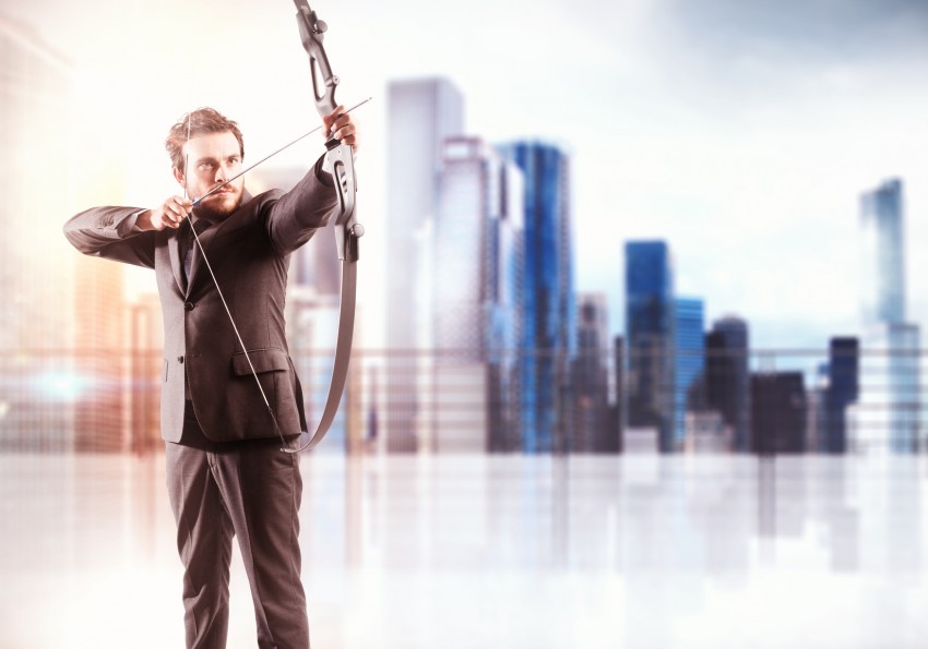Businessman with bow and city view background